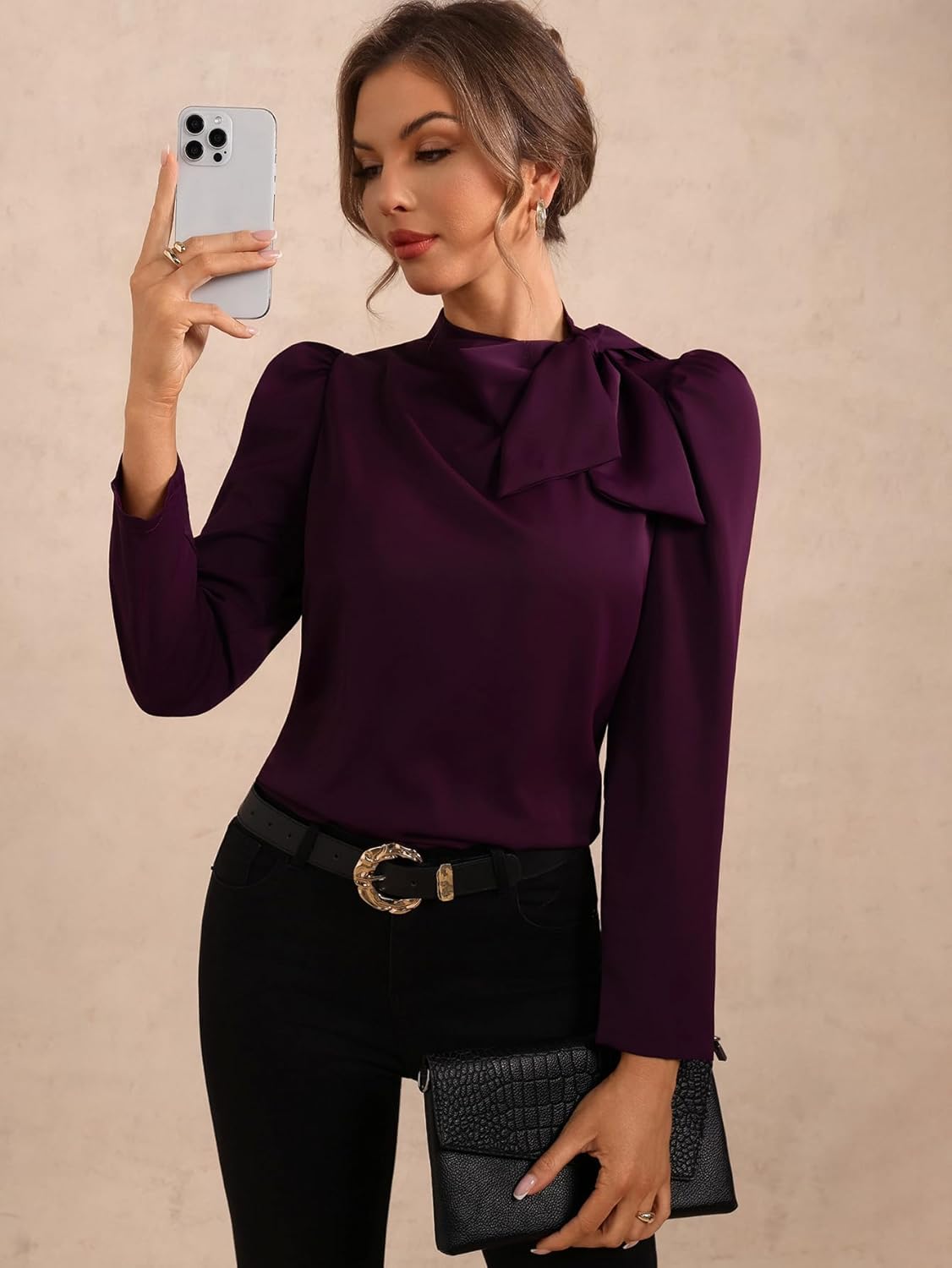 Women's Bow Tie Blouse Puff Long Sleeve Work Shirts Elegant Tops - Image 5
