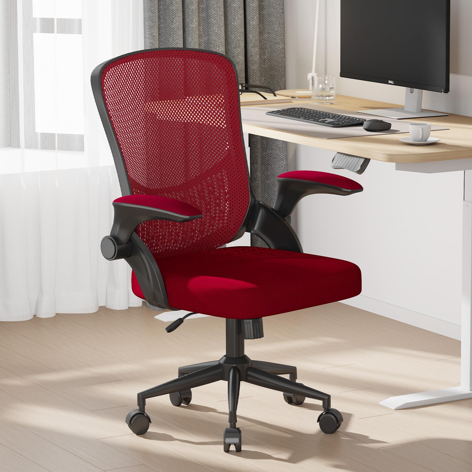 naspaluro Office Desk Ergonomic Chair with Flip-up Armrests/Back Support Comfy Computer Small Heavy Duty Swivel Chairs for Home Office Comfortable Red Mesh Study Work PC Chairs & Stools