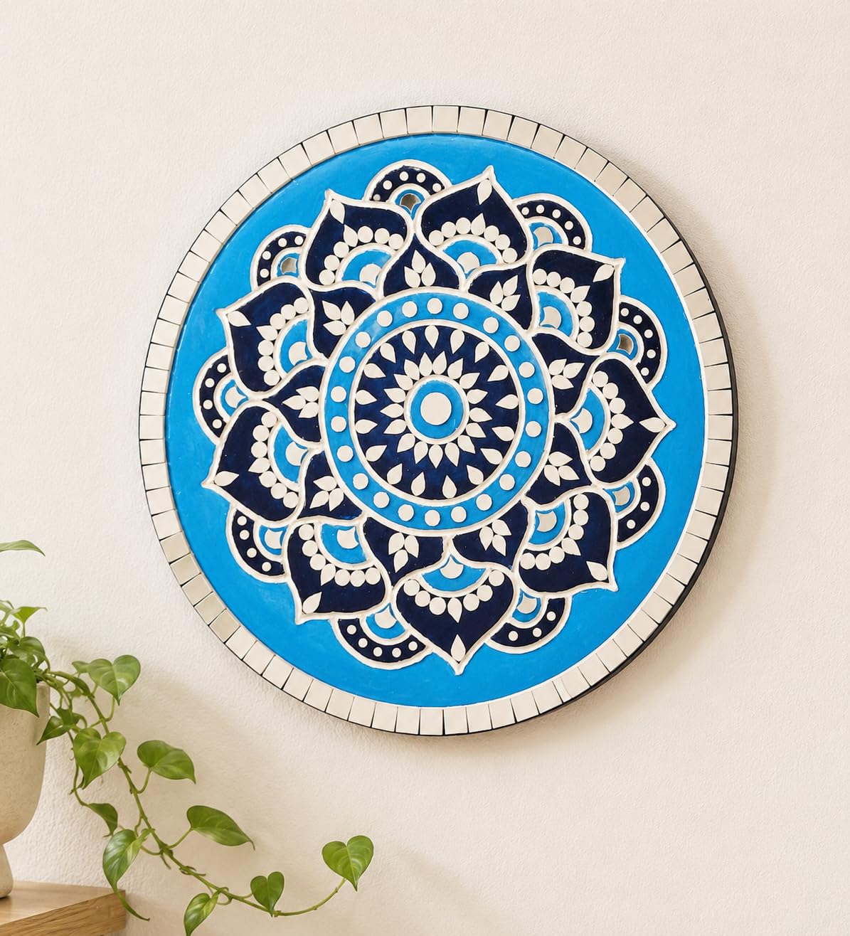 DIY Diaries Lippan Art Mirror Wall Hanging (12x12 Inch) | Round Clay Mud Work Rangoli Board for Festivals | Handcrafted Floor & Wall Decor for Home | Blue & Indigo-image-13