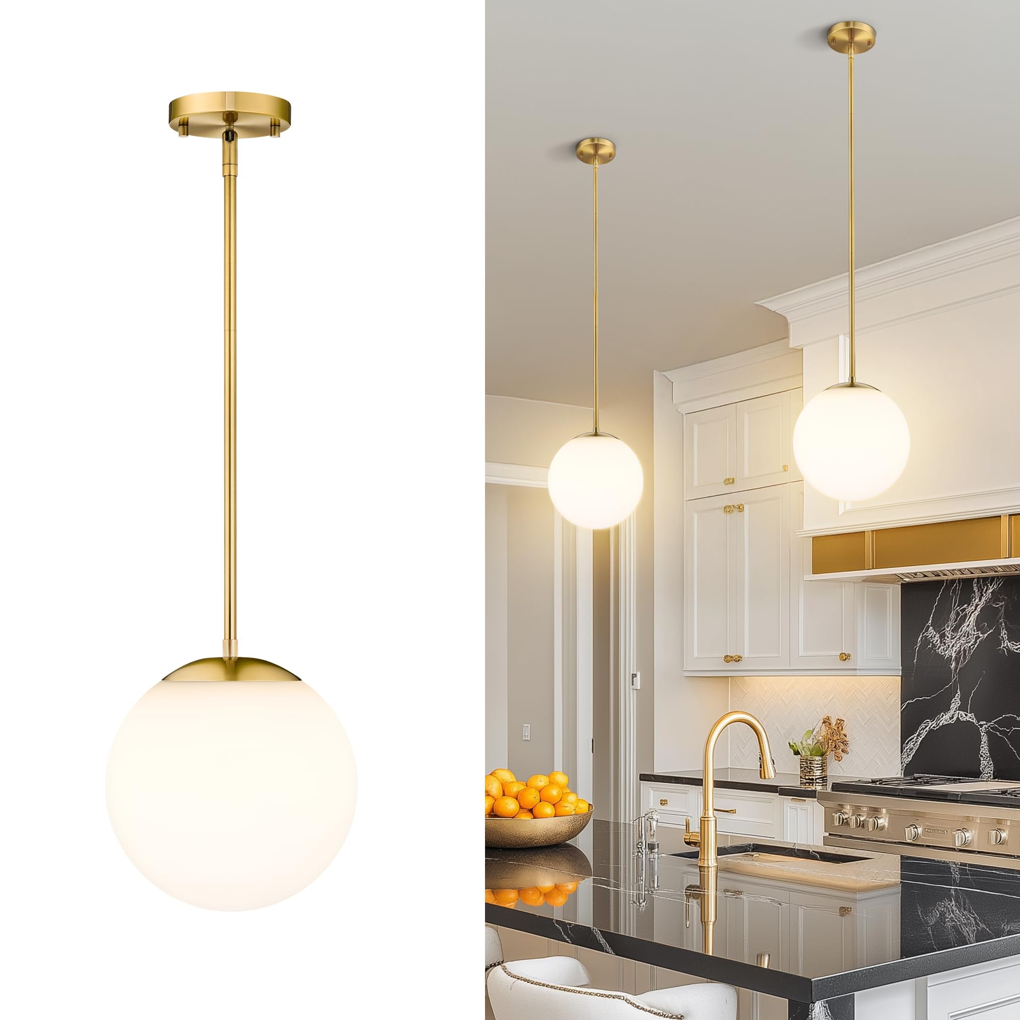 LMS 10 Inch Globe Pendant Lights, Brushed Gold Mid Century Kitchen Island Light Fixtures with White Globe Glass Shade, Adjustable Hanging Rod, Dining Room Kitchen, LMS-186PL-BGW-10
