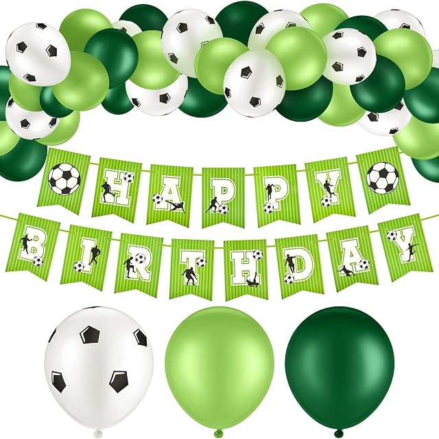 Chalyna 14 Pcs Football Party Decor, 12 Pcs Football Balloons 2 Pcs Football Birthday Banner Football Decor for Birthday Bunting Soccer Ball Latex Balloons Sport Themed Party Supplies, Green,white