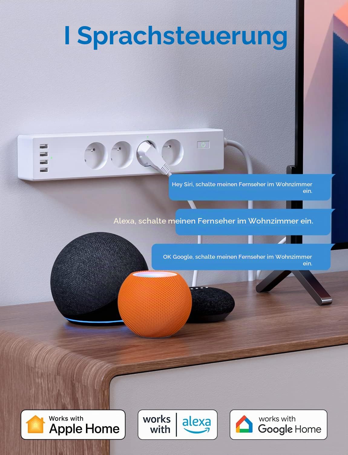 Intelligente Steckdosenleiste (Typ E), 16 A, WLAN-Steckdose, kompatibel mit Apple HomeKit, Alexa und Google Home (4 AC-Steckdosen und 4 USB-Ports), intelligente Steckdosenleiste mit Sprachsteuerung