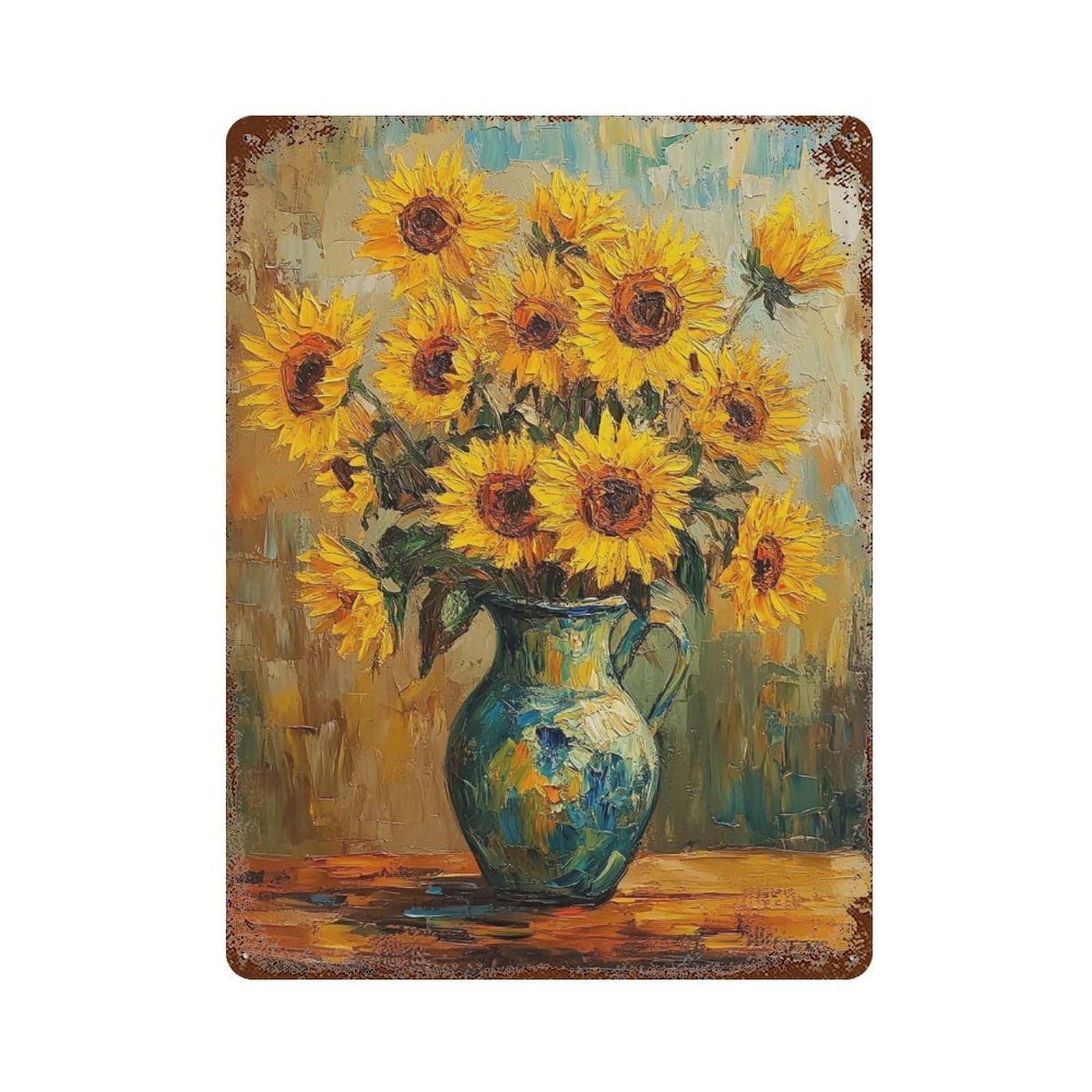 Garage Style Sunflower Bouquet Oil Painting-2 Aged Metal Wall Plaque 15.7"x11.8", Novelty Wall Decor for Bar And Workshop