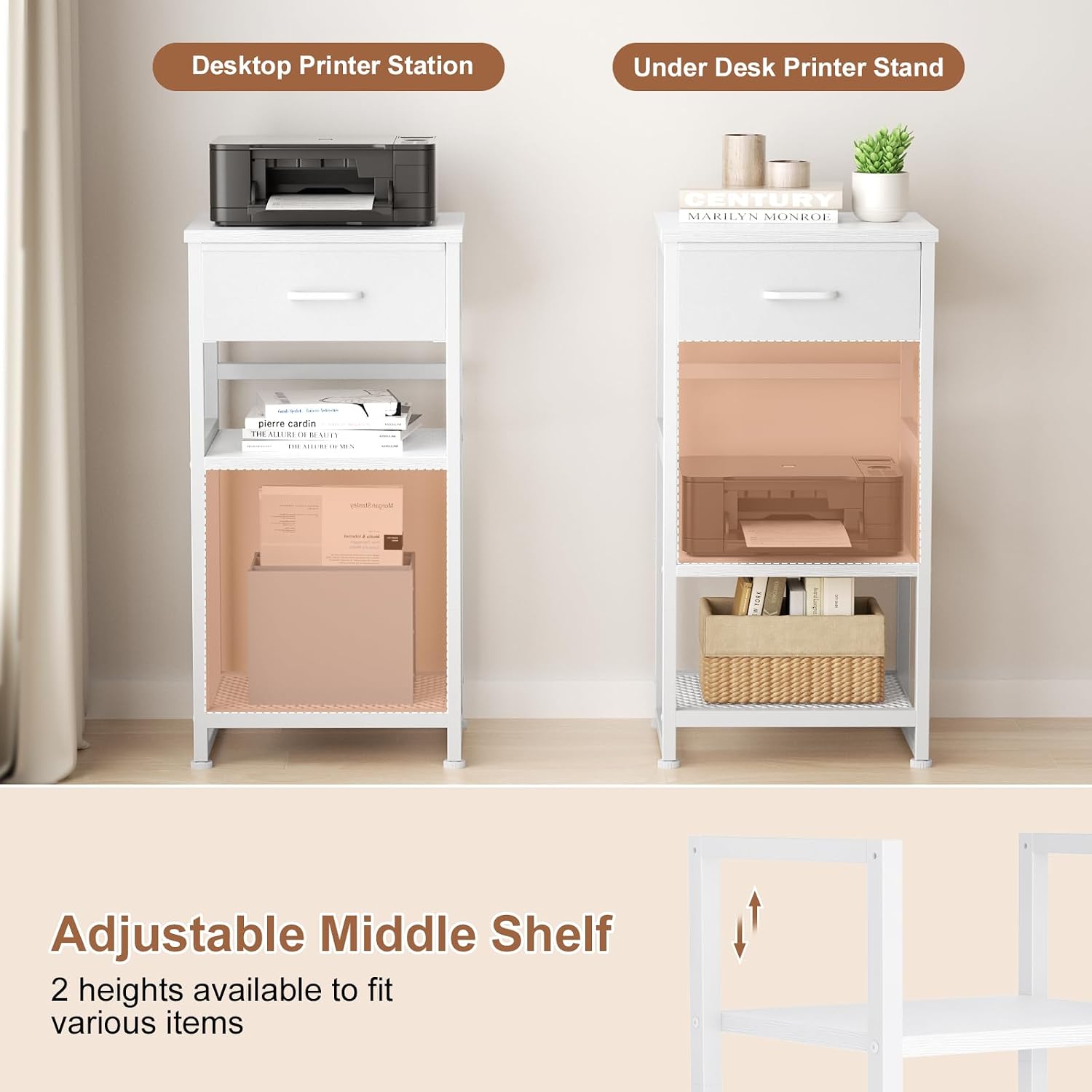 Close-up images showing the lockable 360-degree swivel wheels and the adjustable leveling feet for the printer stand.