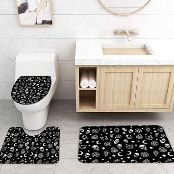 3 Piece Bath Mats Stars Black Skull Moon Divination Gothic Slip Bath Mat Set, Contour Mat + Toilet Lid Cover Washable Rug for Bathroom-3-Piece_Set