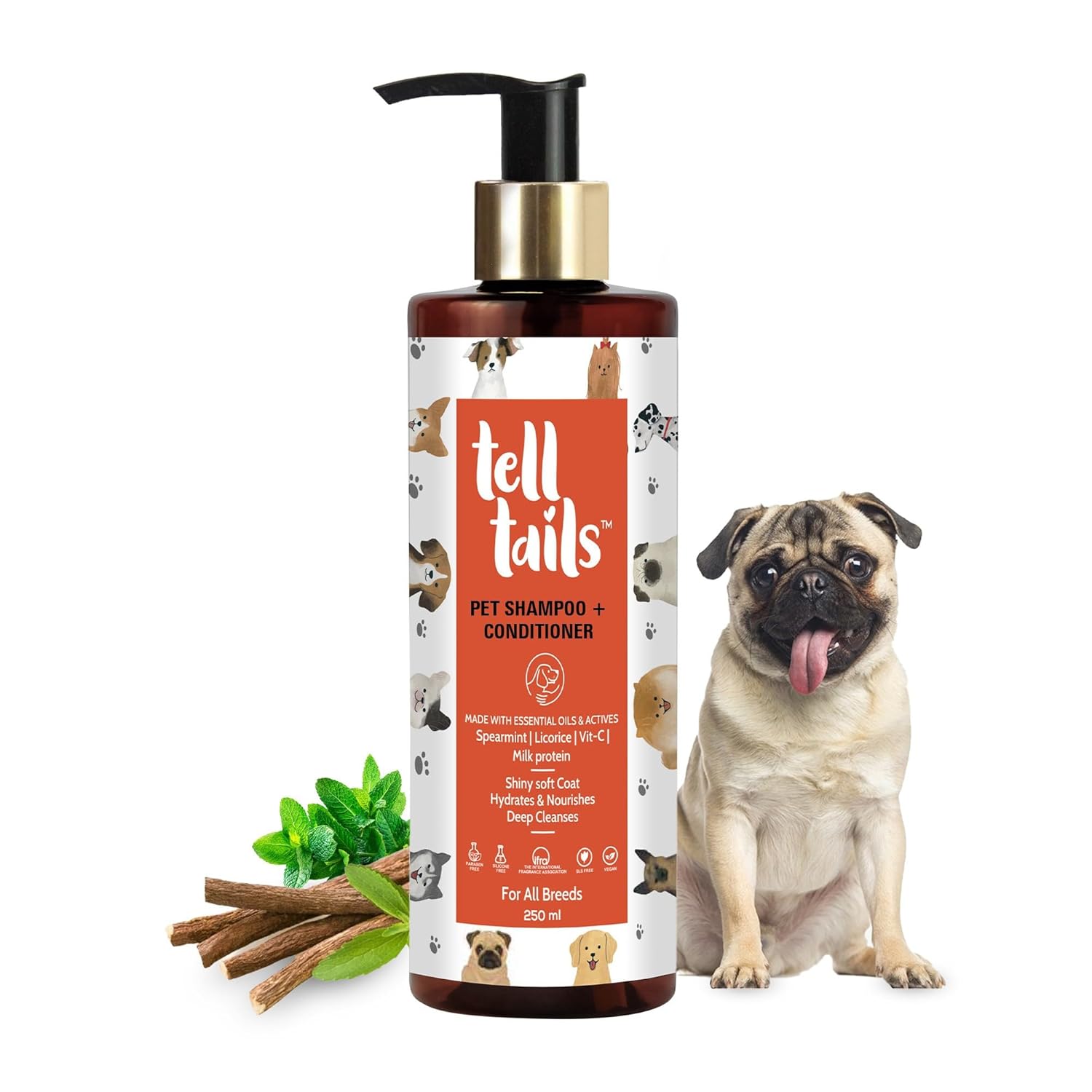 Tell Tails 2 in1 Shampoo and Conditioner | Deep Cleanses & Conditions | Hydrates & Improves Coat Quality | Spearmint, Licorice, Vitamin C & Milk Protein | Removes Odor & Dirt | All Breeds |250ml