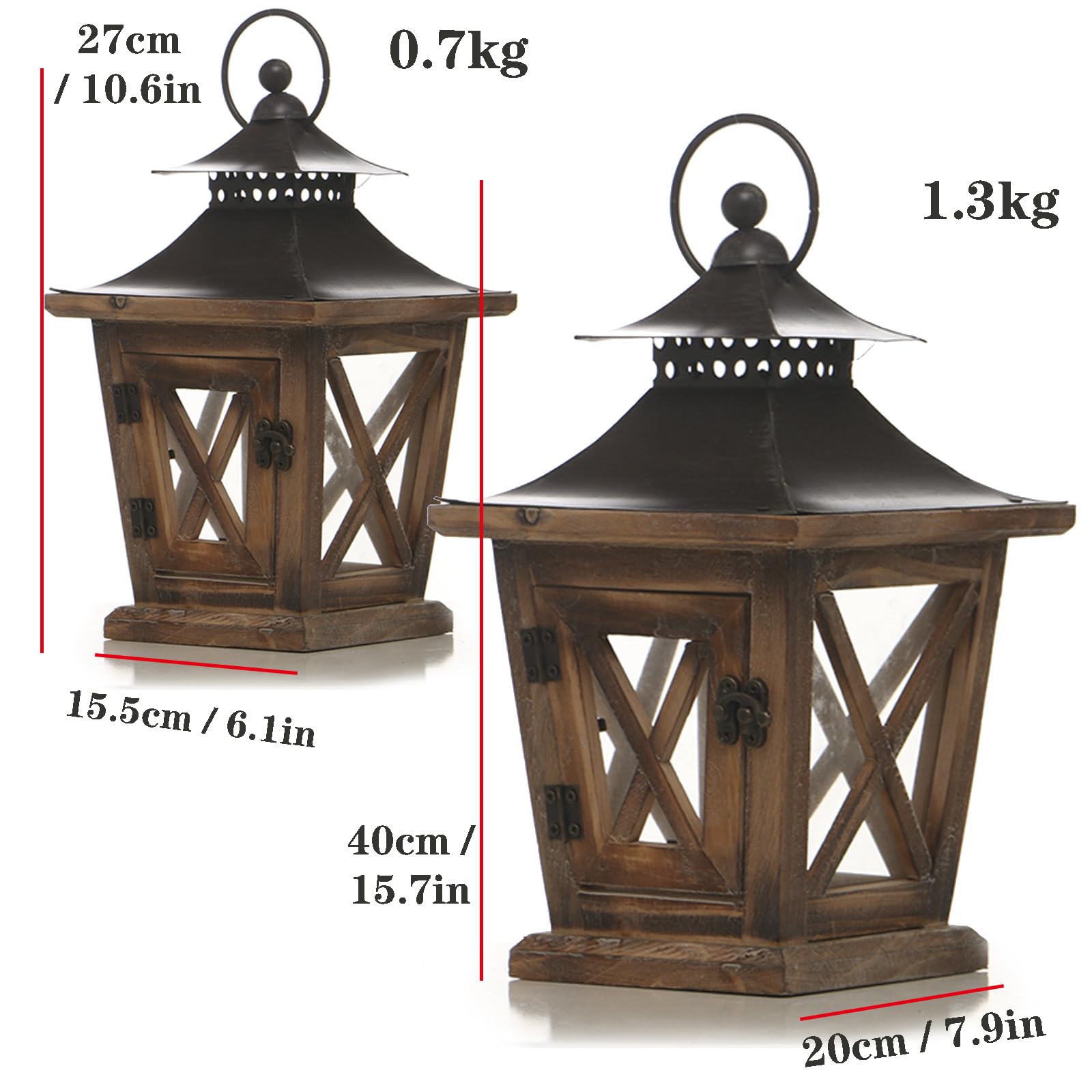 Światła kempingowe mogą być ładowane Zestaw 2 drewnianych wiszących latarni ze świecami, wiele rozmiarów(7.9"Dx15.7"H)