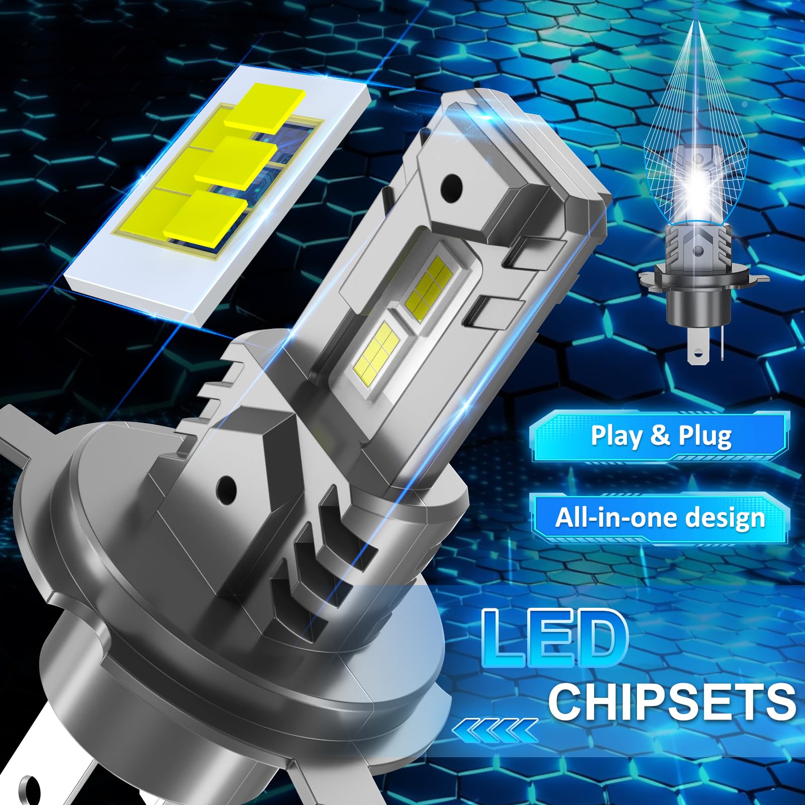 D-Lumina Lampadina H4 LED Canbus 100W 16000LM, 6500K Bianco Freddo 400% Brillante 1:1 Formato Mini, Sostituzione Alogena, Plug and Play, 2 pezzi