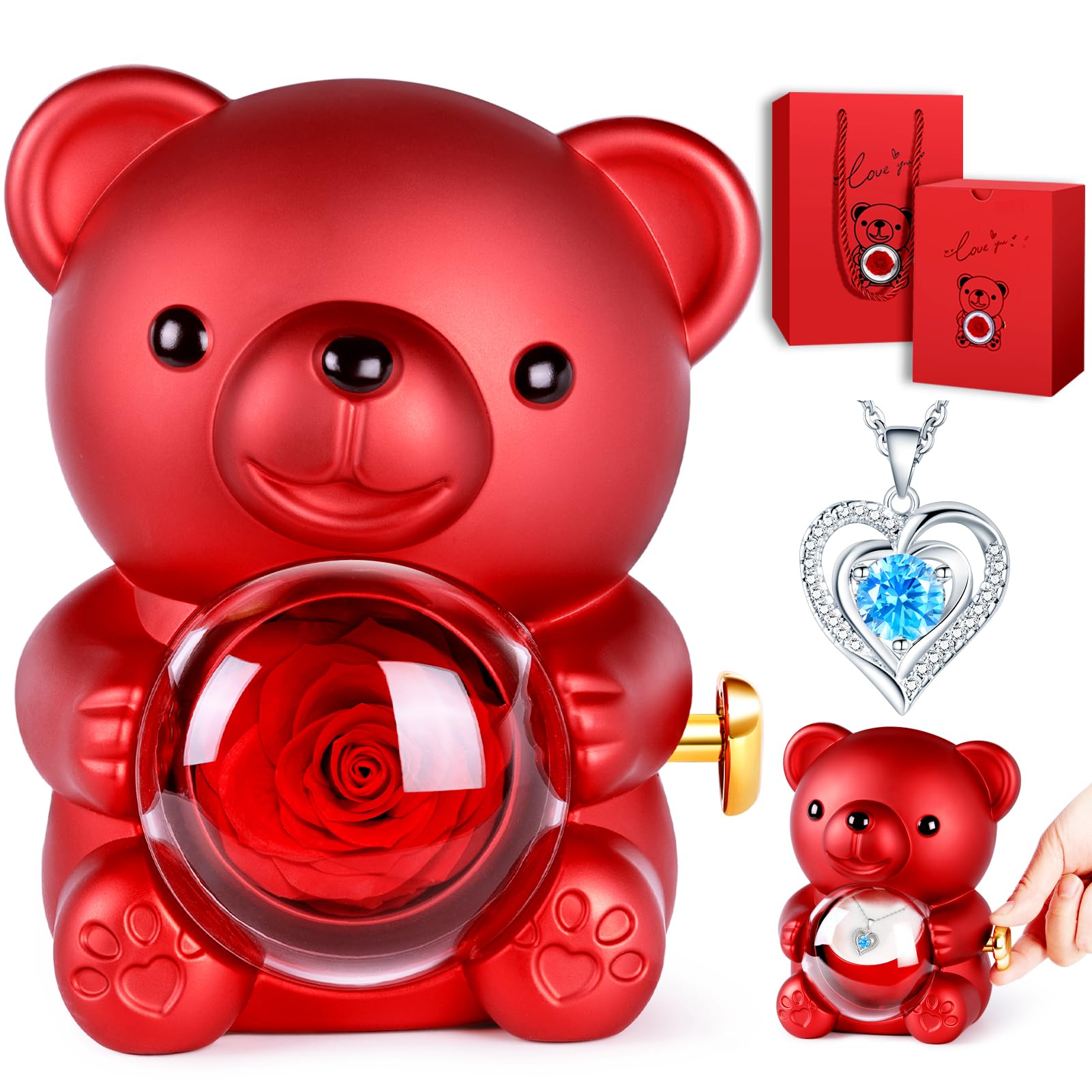 Ewige Rosen Bär Geschenkbox mit Blauer Halskette,Frauen Gesch | Rosen Teddybär für Frauen, Freundin Jahrestag, Geburtstag, Thanksgiving, Valentinstag, Weihnachten, Schulanfang