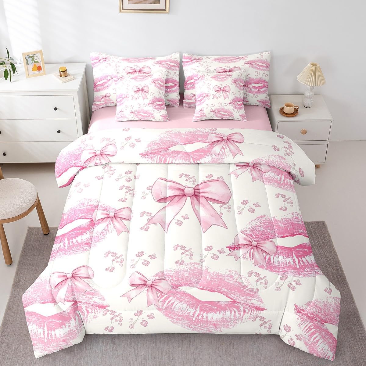 Manfei 7 Pieces Hot Pink Lips Comforter Set King Size, Pink Bowknot Bedding Set for Kids Girls Women, Watercolor Bow Lips Flower Bed in a Bag with Comforter, Fitted Sheet, Top Sheet and Pillowcases