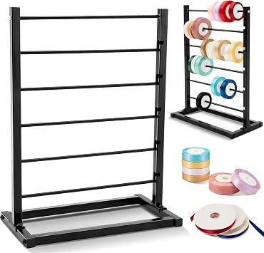 Menkxi 6 Tier Metal Ribbon Holder Organizer Rack Ribbon Rack Display Shelf Spool Holder Storage Organizer for Sewing Craft Thread Tape Wreath Crochet Roll Flower Store Wrapping GiftBlack