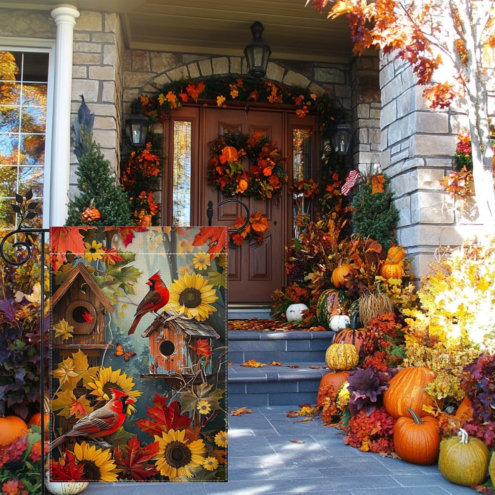 Cardinal Red Bird Birdhouse Garden Flag for Outside 12x18 Inch Double Sided Fall Farmhouse Sunflower Yard Flag Home Decorations - Image 5