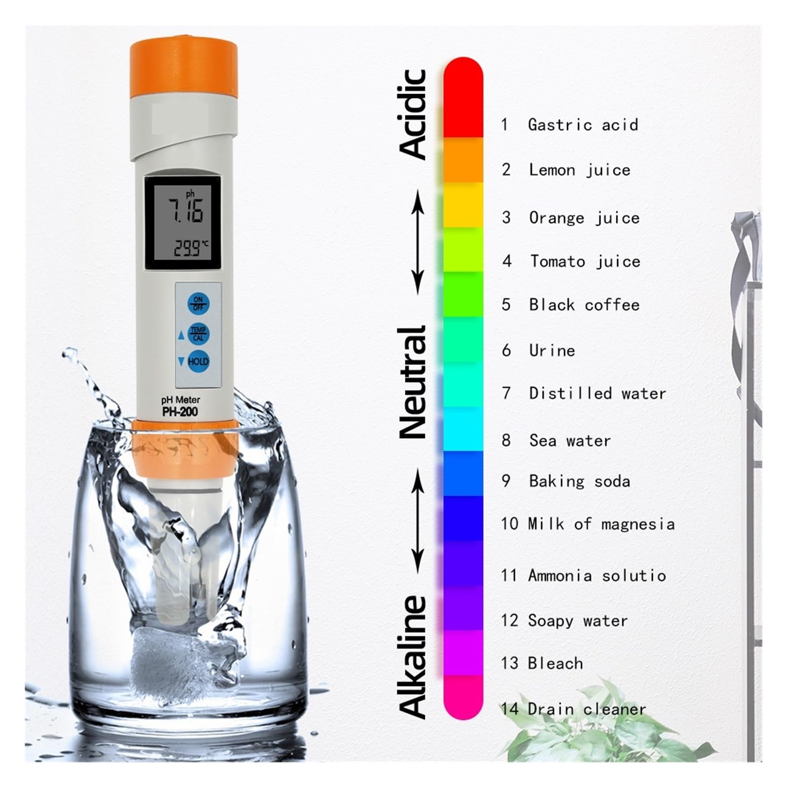 Medidor digital de temperatura con función calibración automática PH Calidad del agua Pen Tester MedicióN Precisa(Orange)