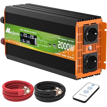 Inverter 2000 W Voltage Converter 12 V 230 V Pure Sine Wave Inverter | Converter with 2 EU sockets, USB-A/C, LCD display remo