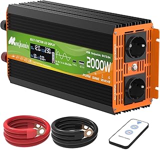 Wechselrichter 2000W Spannungswandler 12V 230V Reiner Sinus Inverter Konverter mit LCD-Display, USB-C-Anschluss und Kupferdraht 2 EU Steckdose für Solar,Fahrzeuge,Wohnmobil(Spitzenleistung 4000 Watt)