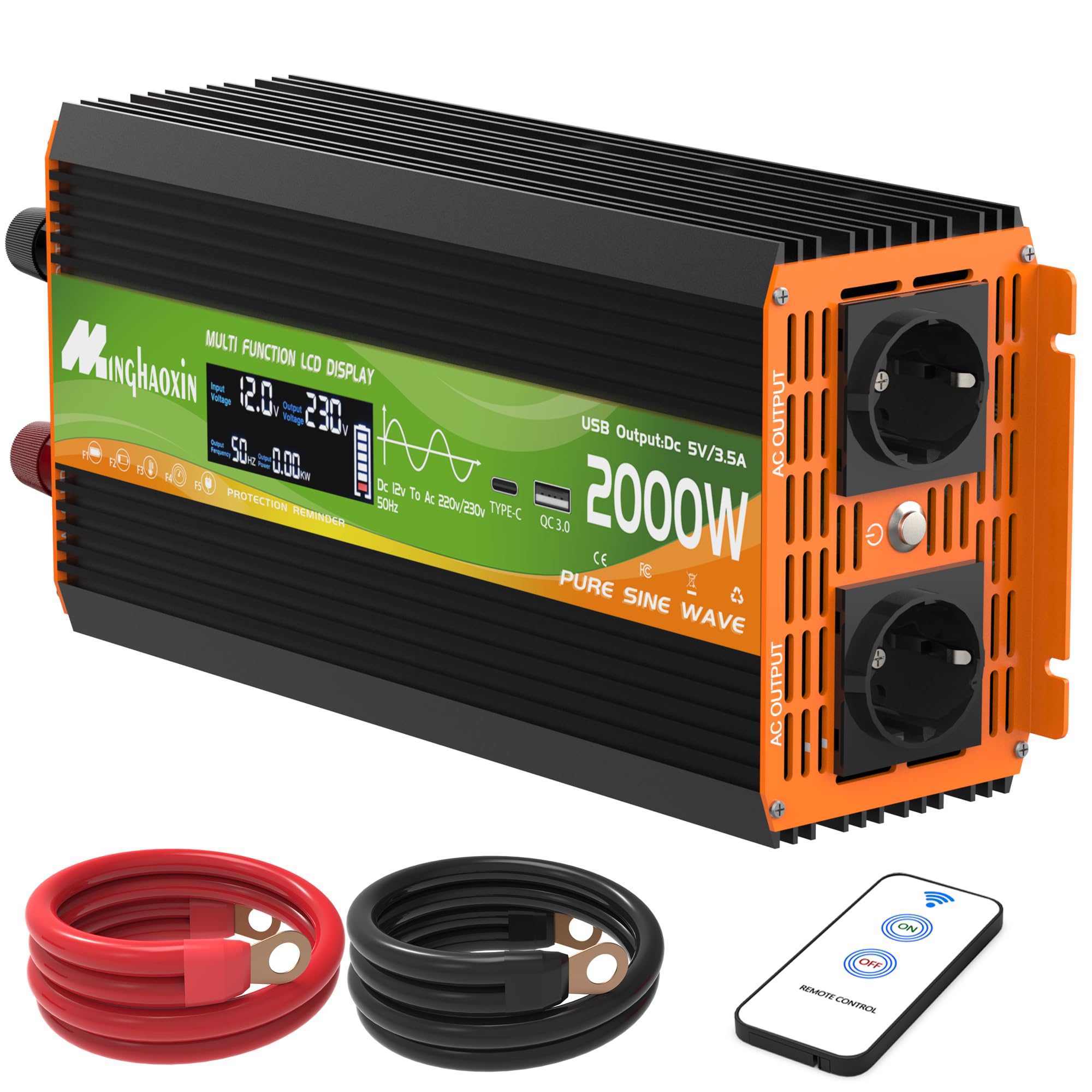 Wechselrichter 2000W Spannungswandler 12V 230V Reiner Sinus Inverter Konverter mit LCD-Display, USB-C-Anschluss und Kupferdraht 2 EU Steckdose für Solar,Fahrzeuge,Wohnmobil(Spitzenleistung 4000 Watt)