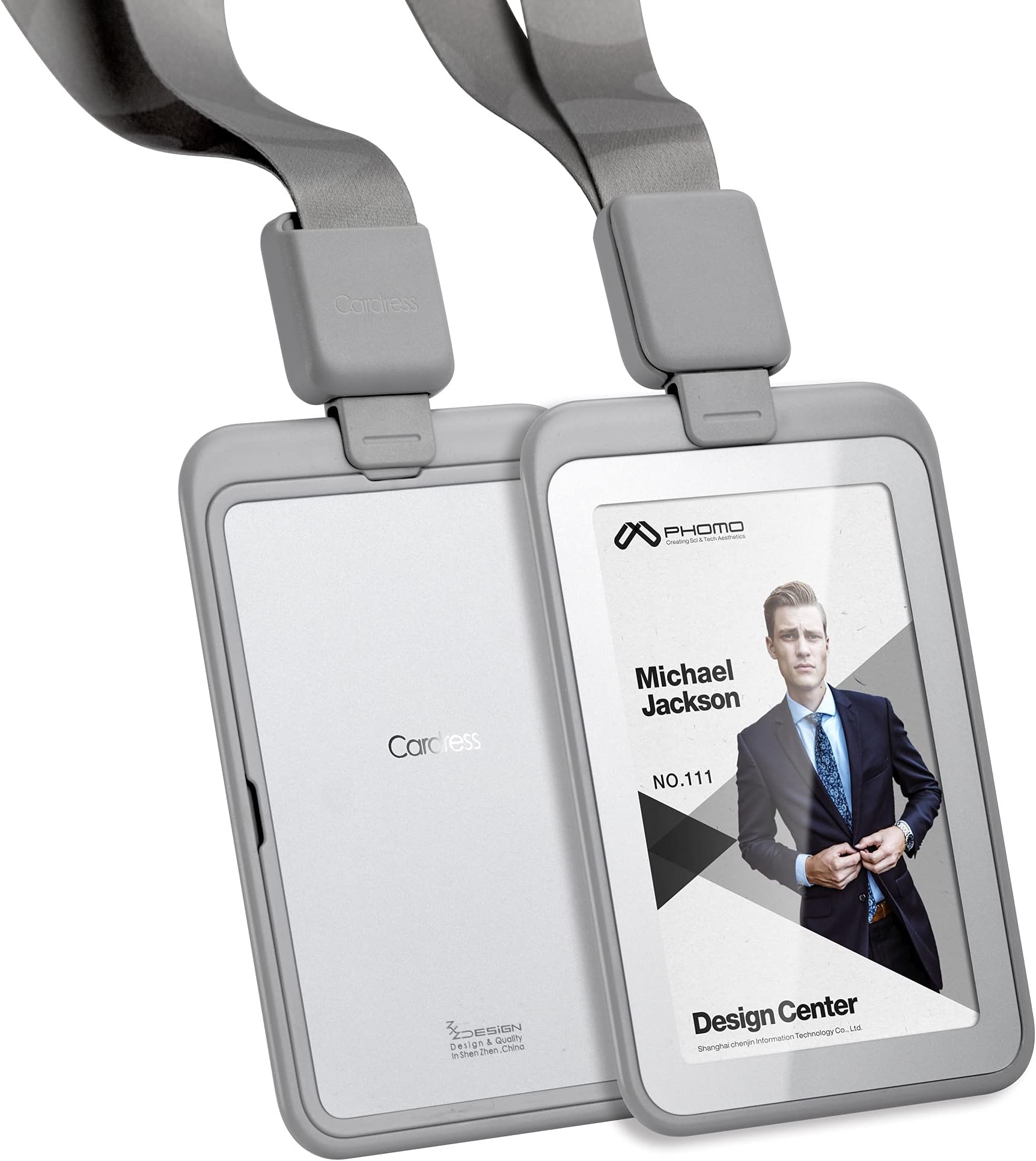 Phomo Self Retractable ID Badge Holders with Carabiner Reel Clip and Badge Lanyard, Heavy-Duty ID Card Holder for Neck, Vertical Style Transparent Hard Accessories Clear, (Holds 1to 2 Cards) (Grey)