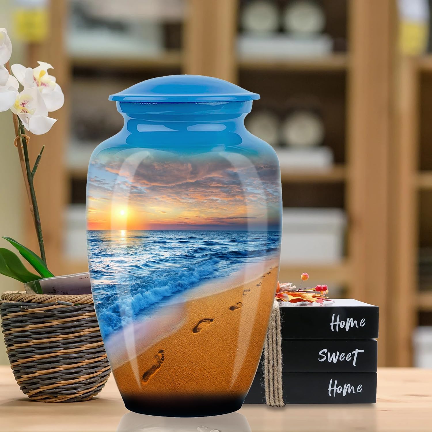 Footprints Urn for Ashes - Hand Painted Adult Beach Urn for Human Ashes, Memorial Urn for Funeral, Cremation Urn for Women (Large)