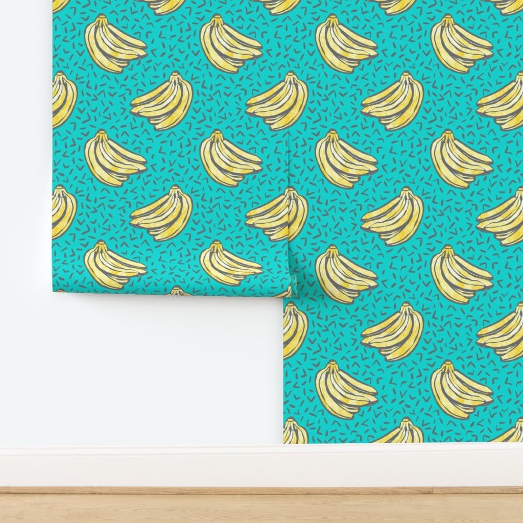 Peel & Stick Wallpaper Swatch - Teal Small Scale Pattern Turquoise Blue Bananas Memphis Watercolor 80S Retro Custom Removable Wallpaper by Spoonflower