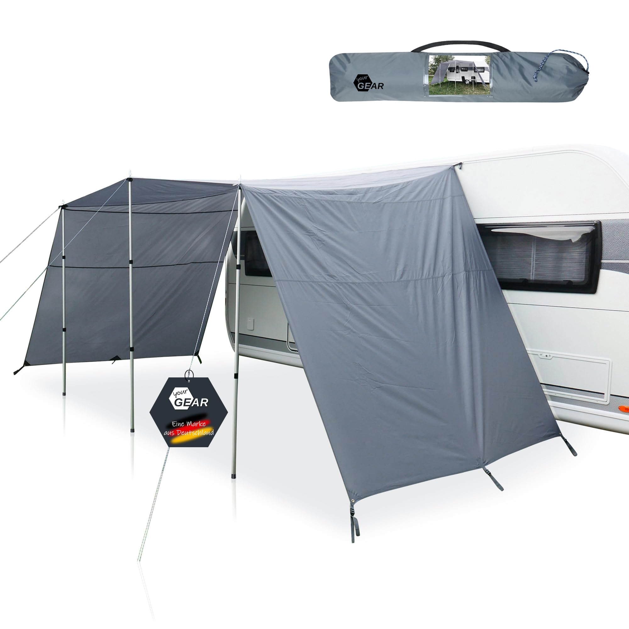 your GEAR Caravan Tarp Teramo - 4 Größen - 250, 300, 400, 450 cm Breite, Tiefe 240 cm - UPF 50+ Sonnendach für Wohnwagen Wohnmobil - 5000 mm Sonnensegel Seitenwände Aufstellstangen 450x240 cm