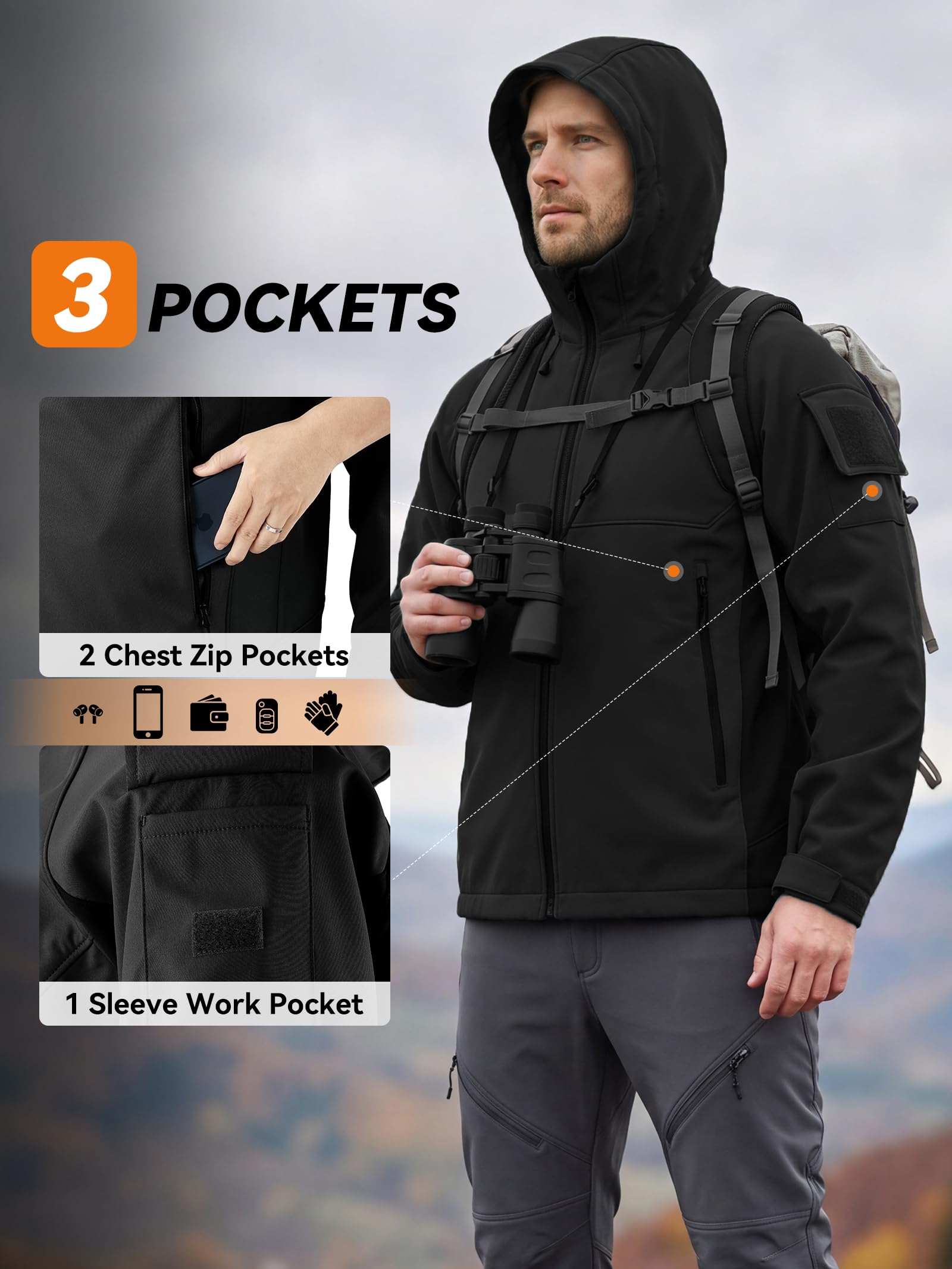 Herren Softshelljacke, Wasserabweisend & Winddicht, Warm mit Fleecefutter, Winterjacke Funktionsjacke mit Kapuze für Wandern, Radfahren, Camping