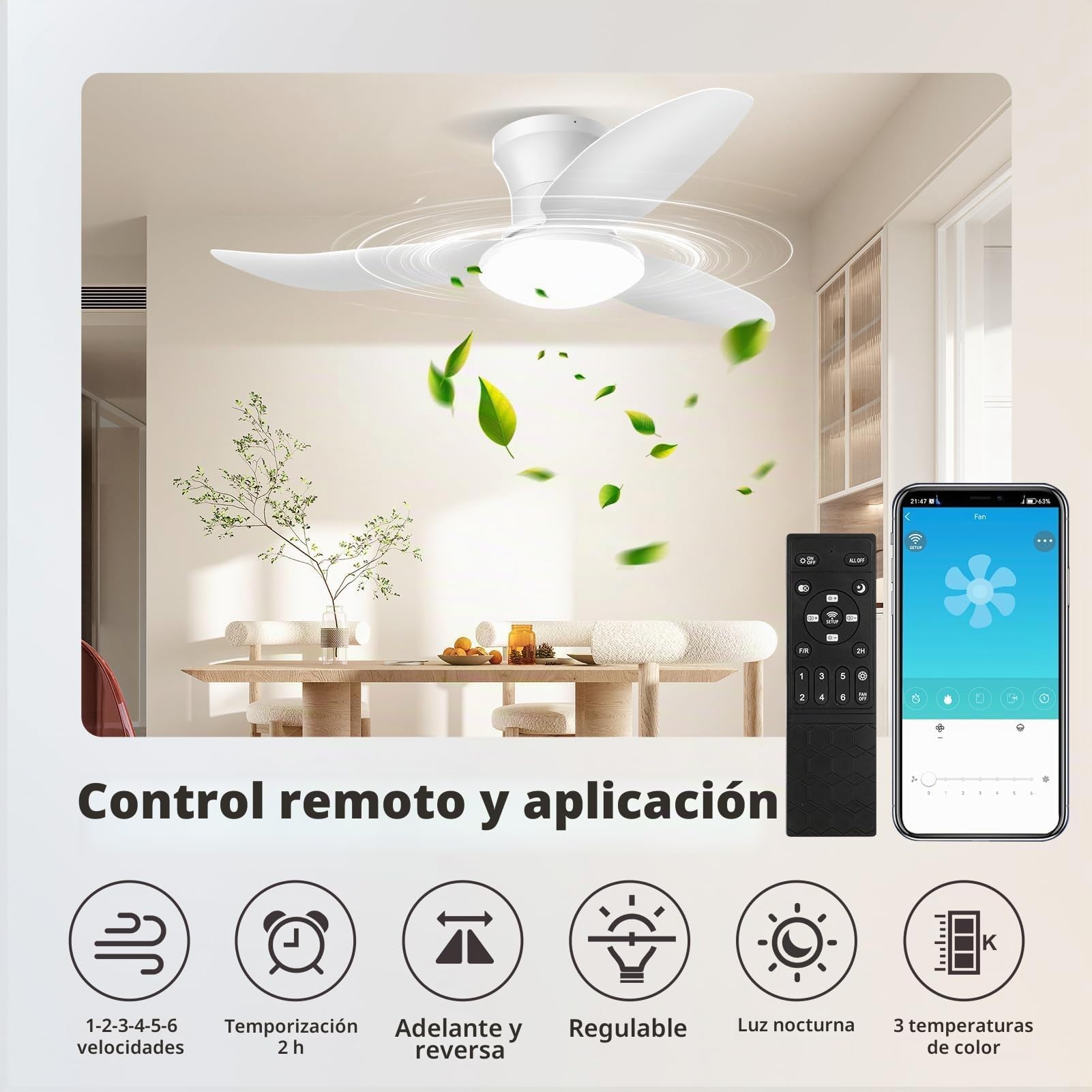 Viugreum 100cm Ventilador de Techo Blanco con Luz y Mando a Distancia, Control APP y Temporizador, Regulable sin Escalonamientos, 6 Velocidades, Luz Ventiladores Techo para Dormitorio Salon