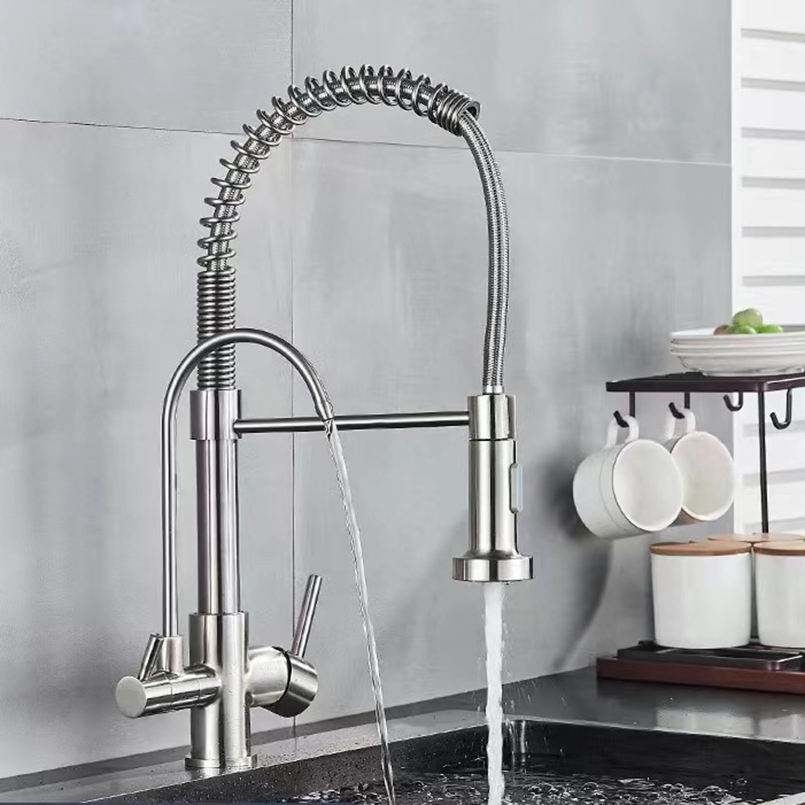 Robinet cuisine 3 voies filtrante avec douchette extractible noir mat