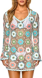 Women's Crochet Beach Cover Up Dress Boho Bell Sleeve 3D Camellia Embroidery for Vacation, Pool Party