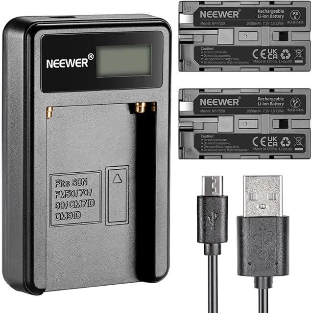Neewer® Micro USB Battery Charger + 2-Pack 2600mAh NP-F550/570/530 Replacement Batteries for Sony HandyCams, Neewer Nanguang CN-160, CN-216, CN-126 LED Light, Polaroid On-Camera Video Lights