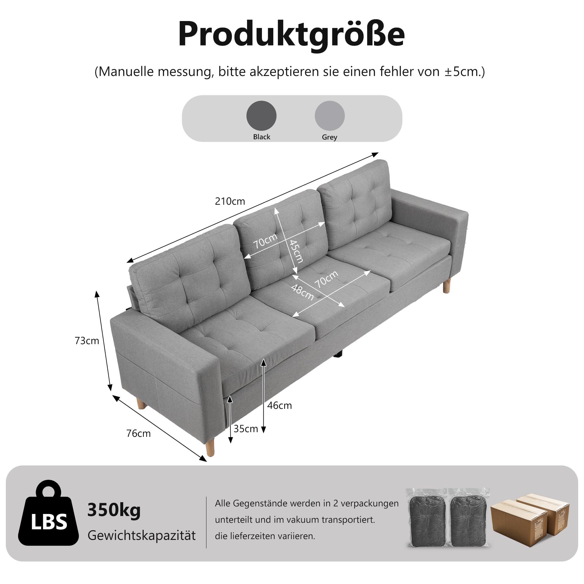 ROCSUMOO Sofa 3 Sitzer, 238cm 3 Seat Sofa, 3er Couch (Hellgrau)