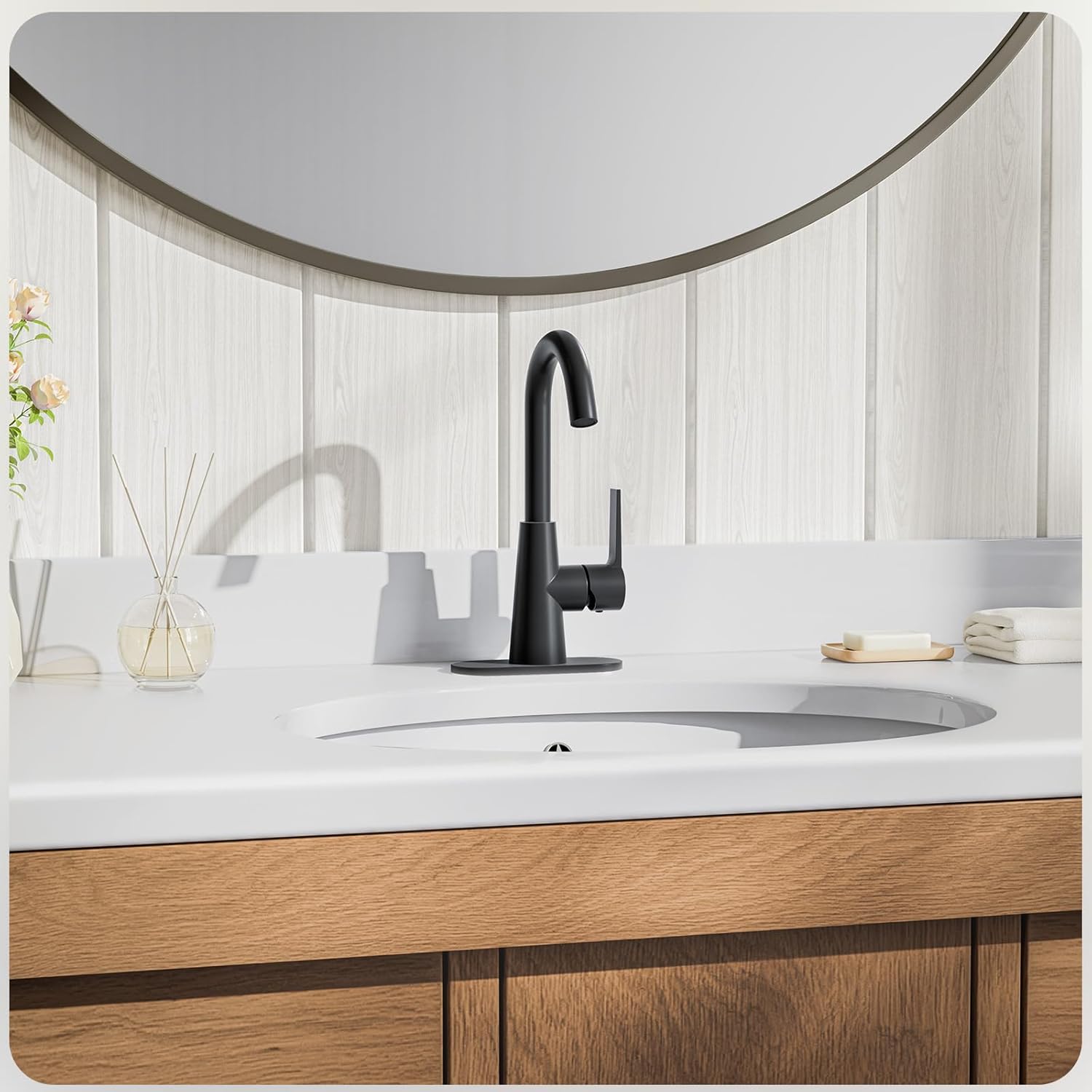 Phiestina Single Hole Matte Black Single-Handle 4 Inch Bathroom Sink Faucet with Deck Plate and Supply Hoses, Bar Sink Faucet/Pre-Kitchen Sink Faucet with 360° Rotation Spout, WE10E-MB