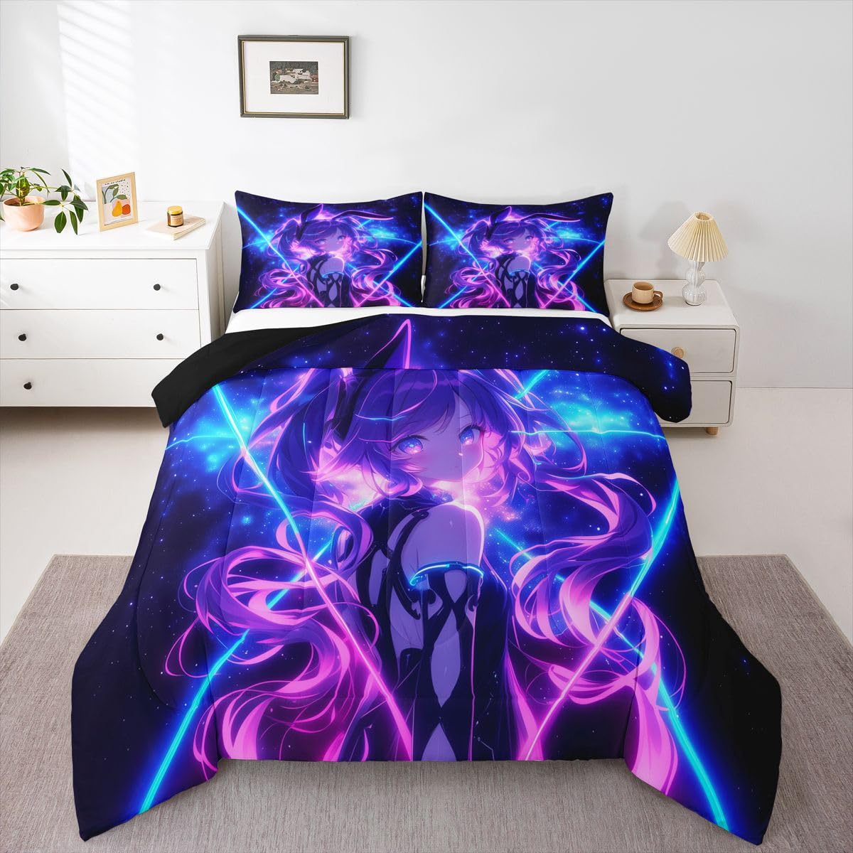 Erosebridal 3D Anime Kids Bedding | Japanese Girl Queen Comforter Sets,Girly Galaxy Stars Comforter Purple Neon Duvet Insert with 2 Pillow Cases