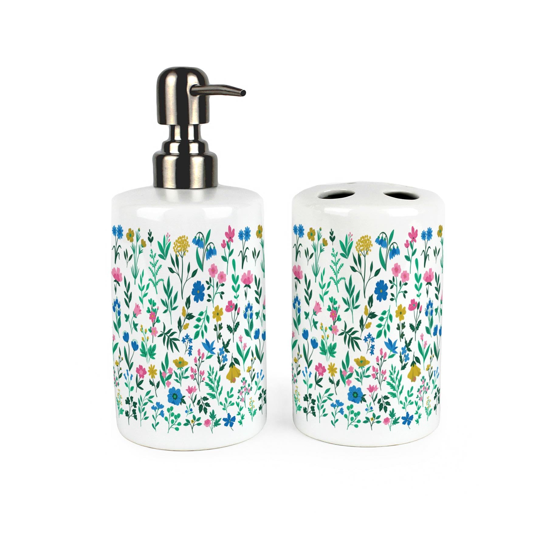 Flowers & Foliage Bathroom Set - Ceramic Soap Dispenser & Toothbrush Holder