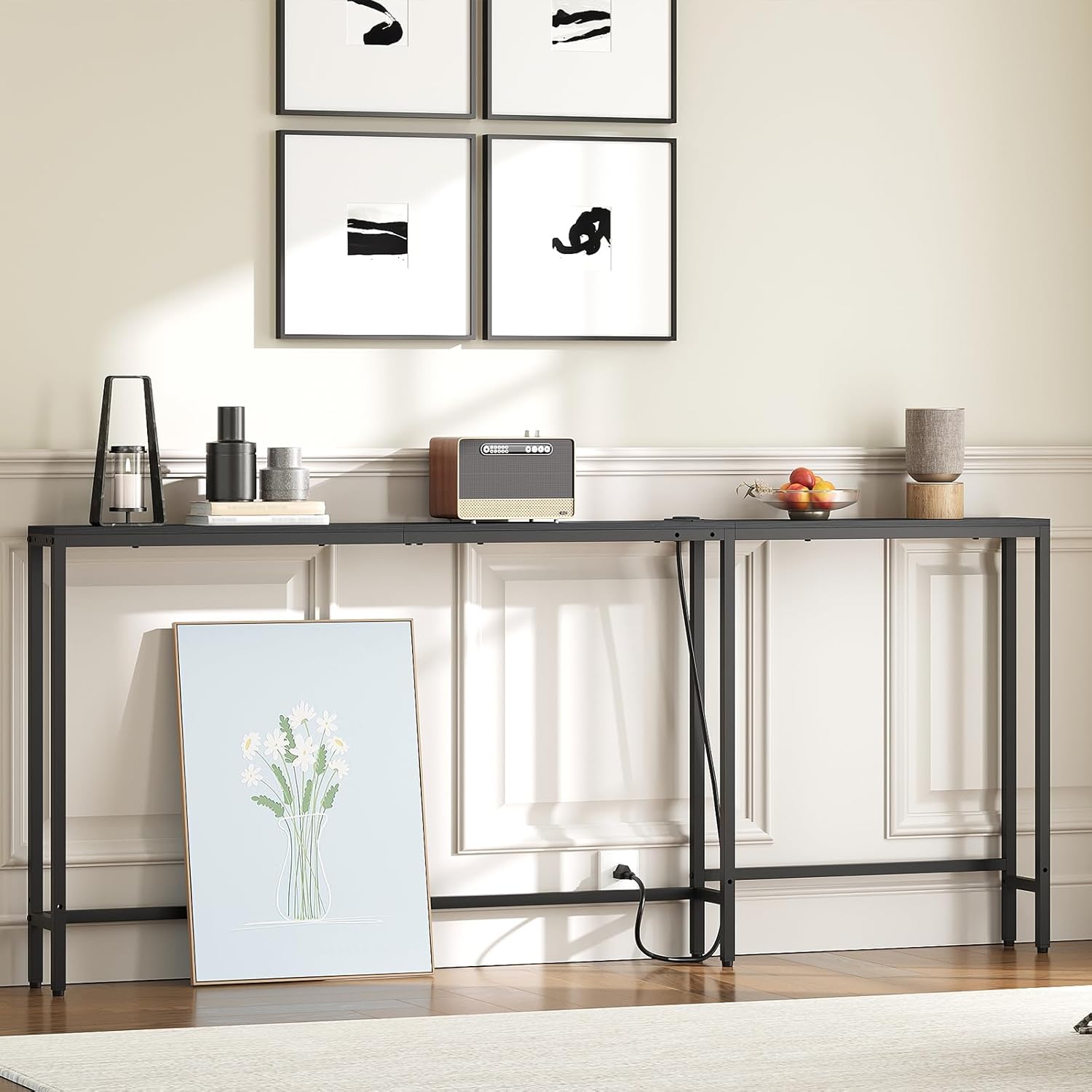Narrow Console Table with Outlets, 70.9" Sofa Table Narrow Long, L Shaped Behind Couch Entryway Table with Charging Station, for Living Room, Hallway, 3 Assembly Options, Black CT07UBB