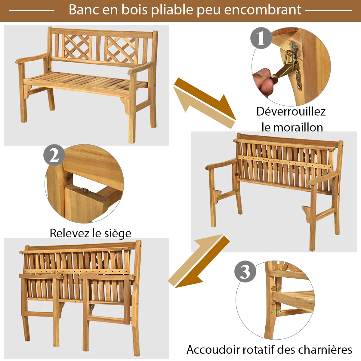 RELAX4LIFE Banc de Jardin Pliant en Bois Massif