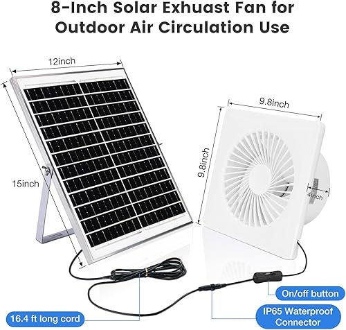 Miniatura 2 de Ventilador de escape alimentado por energía solar, panel solar de 20 W, kit de ventilador de ventilación redondo de 8 pulgadas para invernadero