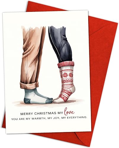 (5.3x8in) Merry Christmas My Love Card, Romantic Couple Socks Illustration, Cozy