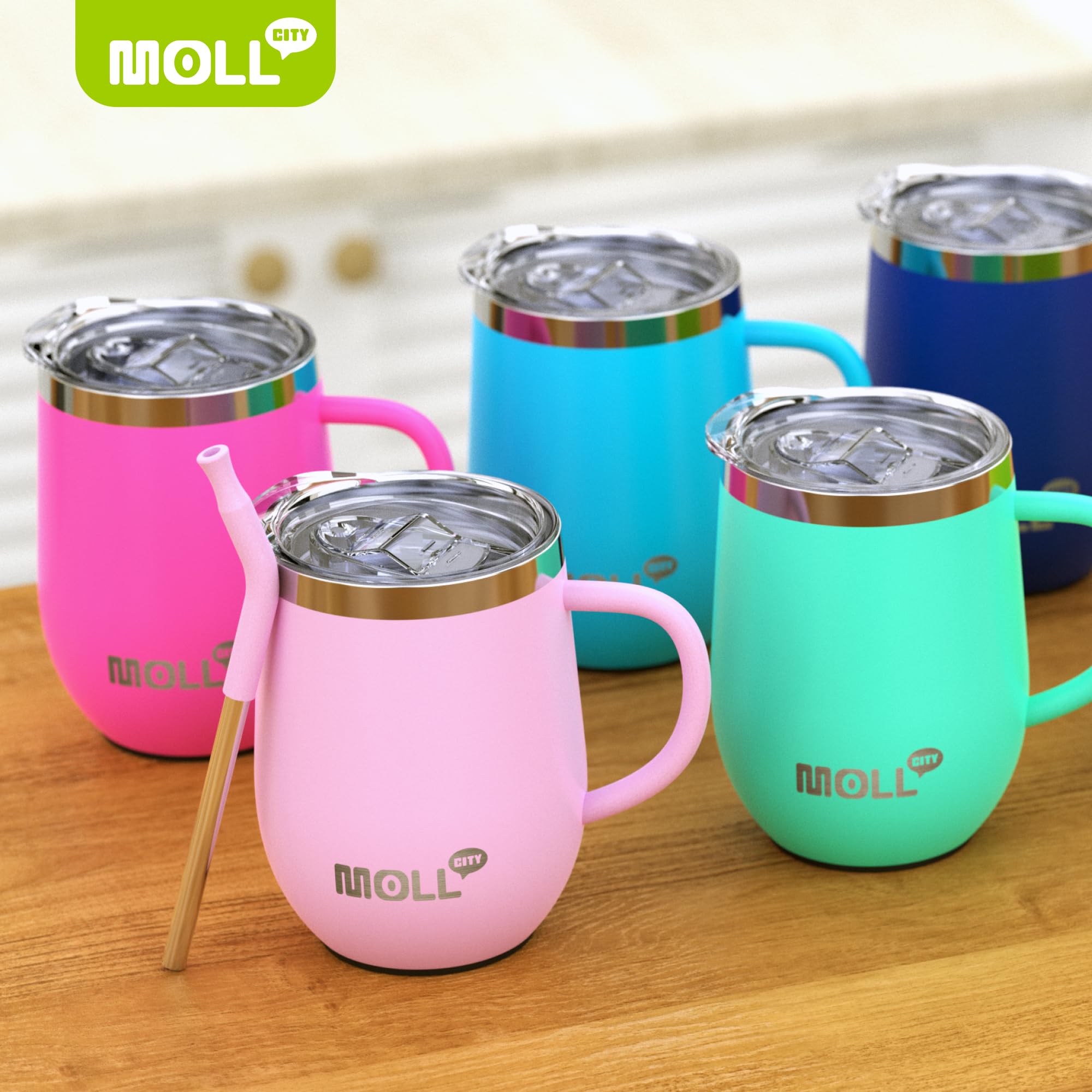Vaso de 12 onzas con asa y popote, paquete de 2 vasos de acero inoxidable con aislamiento al vacío de doble pared con tapa, reutilizable, a prueba de fugas y sin BPA (morado-rosa intenso)