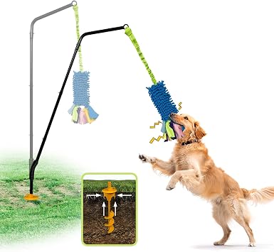 Heavy Duty Dog Spring Pole with Screw-In Ground Anchor & 360 Swivel, Adjustable Height 30-49", Durable Outdoor Tug Toy System with Bungee Squeak Rope for Large & High Energy Dog Training