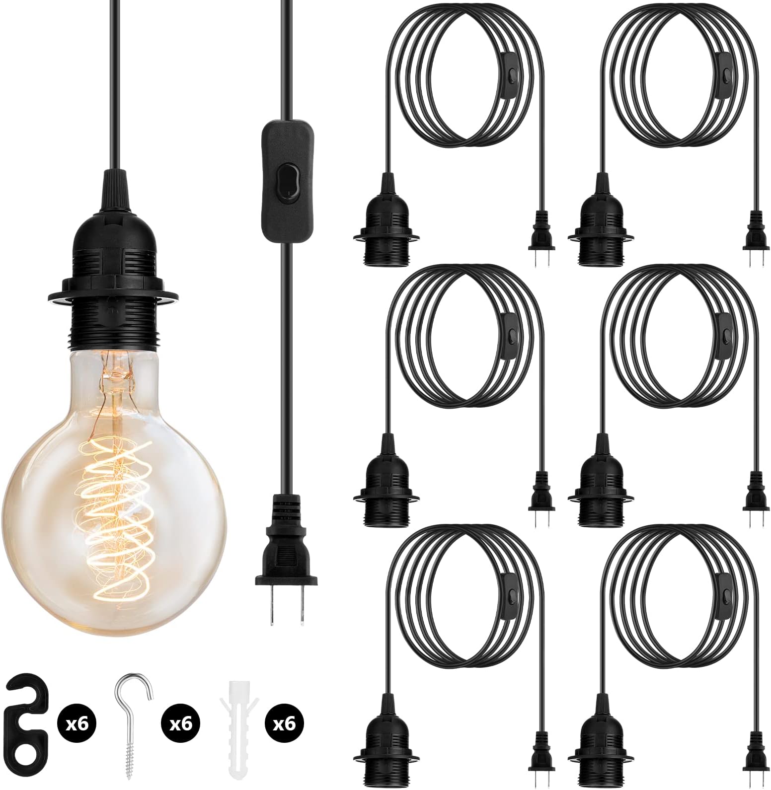 Reginary 6 Pieces Hanging Light Cord Kit Lantern Bulb Cord Cable Extension Plug in Pendant with in-line On/Off Switch E27 Socket Lamp Kit for DIY Pendant Lamp(20 Feet/ 6 M,Black)
