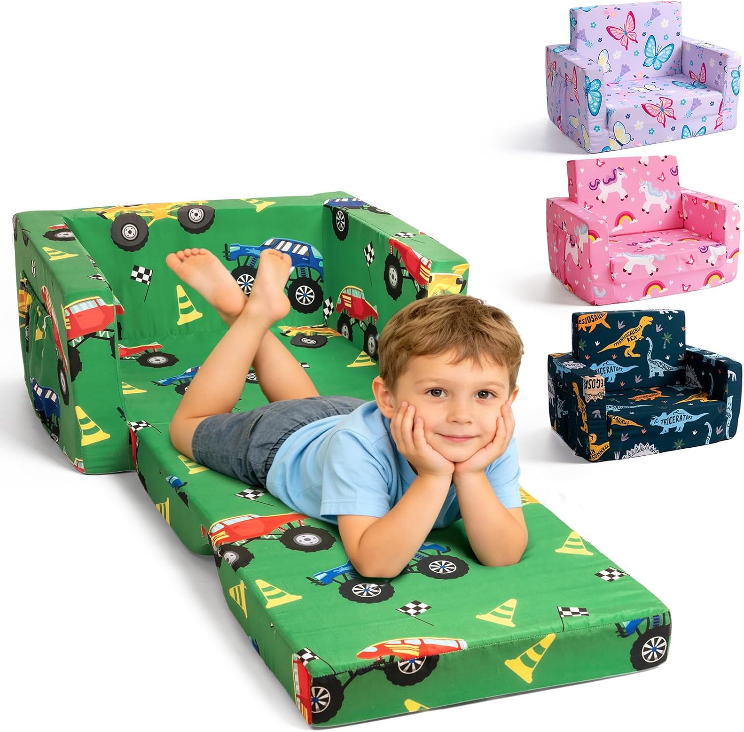 TinyPalsa Foldable Toddler Couch, 30% More Support, 2-in-1 Comfy Sofa & Lounger for 1-3 Years Old Girls Boys, Space Saving & Easy to Clean Kids Chair for Reading, Playroom (Monster Truck)