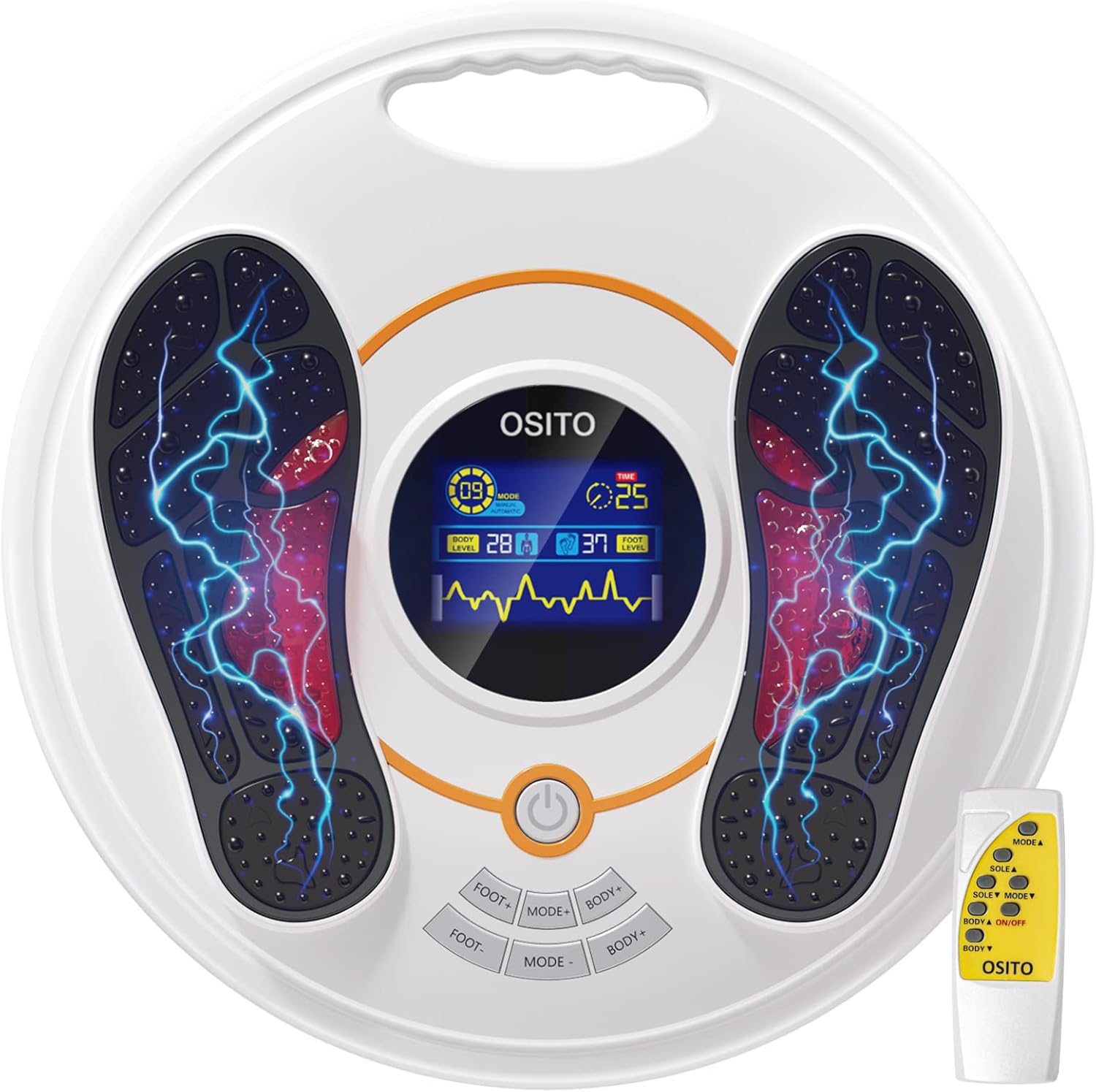 จากบนลงล่าง view of the OSITO TENS EMS Foot Massager, showing the foot pads with electrical current graphics, central display, and control buttons, with the remote control next to it.