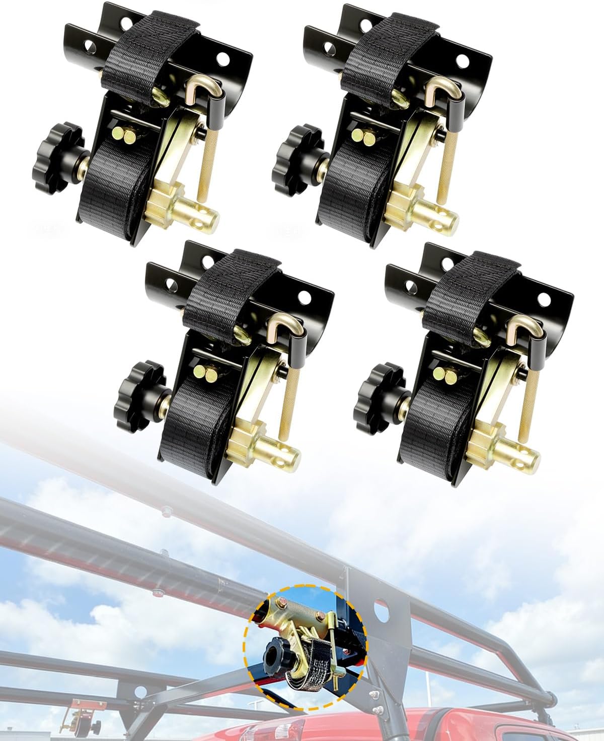 Ladder Rack Ratchet Straps with J-Hook (4PCS), 2" Black Round Tube Mount, 1.5" Wide x 7.5' Long Black Retractable Ratchet Tie Down Strap Roof Rack, 500 lbs Load Heavy Duty Cargo Buckle Rack Lock Strap