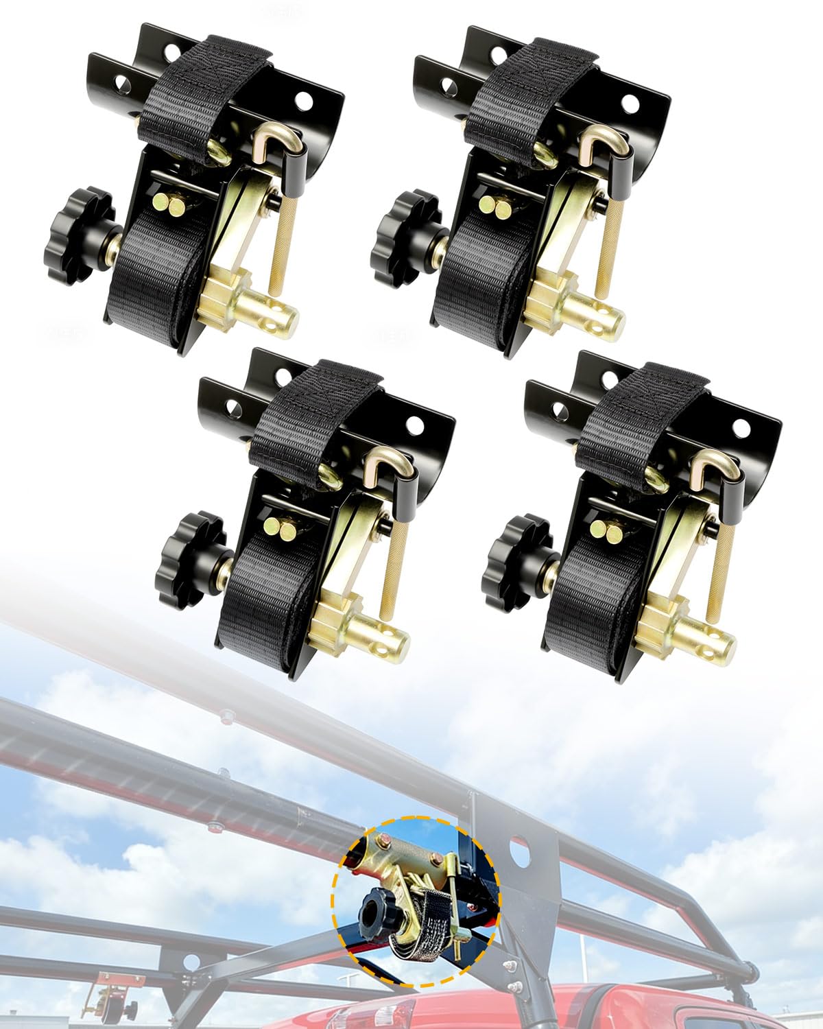 Ladder Rack Ratchet Straps with J-Hook (4PCS), 2" Black Round Tube Mount, 1.5" Wide x 7.5' Long Black Retractable Ratchet Tie Down Strap Roof Rack, 500 lbs Load Heavy Duty Cargo Buckle Rack Lock Strap