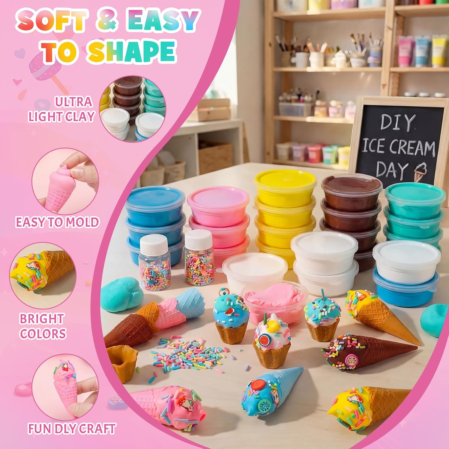 Shappy 51 Pcs Air Dry Clay Kit Ice Cream DIY Craft Kit 24 Cones 24 Air Dry Clay Packs 3 Decorative Sets Sweet Magic Modeling Crafts for Summer DIY Party Gift Indoor Outdoor Holiday Decoration