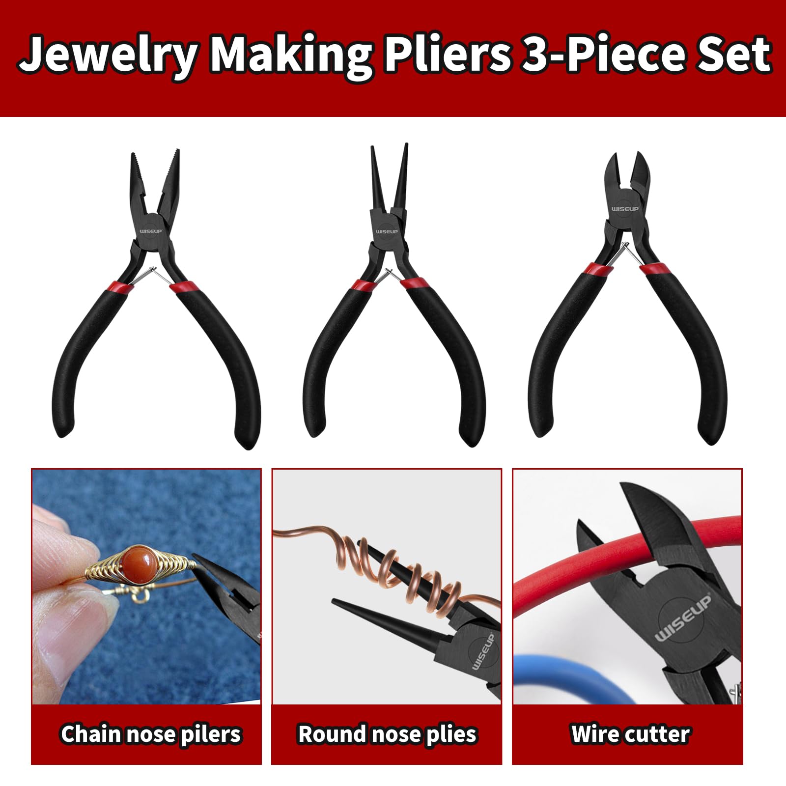 WISEUP - Set di 3 pinze per gioielli - Pinza a becco lungo/catena, pinza a becco tondo e tagliafili per gioielli fai da te, riparazione e avvolgimento di fili
