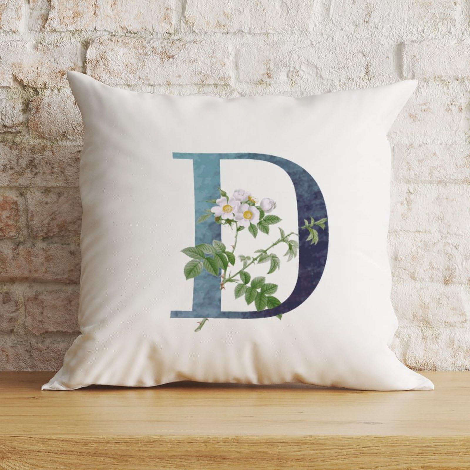 Zyadsinoudor Initial Letter D Blue Pillow Cover Monogram White Floral Square Cushion Cover Single Letter 24x24in Decorative Pillow Home Cotton Linen Classic Square Cushion Cover For Couch Sofa Bed Car โ image 1