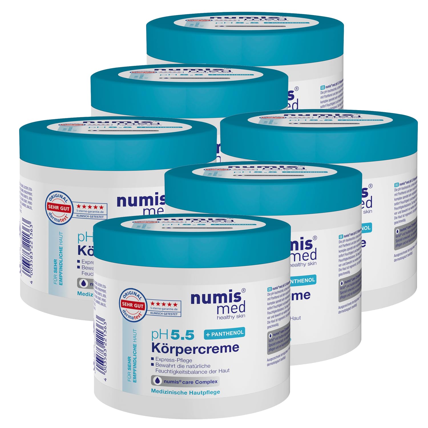 numis med Panthenol Creme für empfindliche Haut - Körpercreme 6x 400ml | pH 5.5 Hautcreme Made in Germany ohne Silikone, Parabene & mikroplastikfrei - Pflegecreme, Pantenolcreme gegen trockene Haut