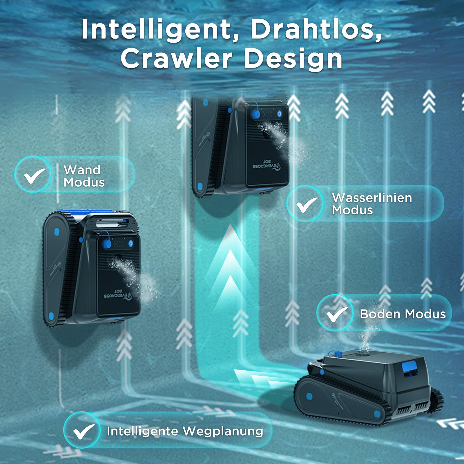 EVERCROSS BOT Robot de piscina inalámbrico con limpieza de pared y línea de