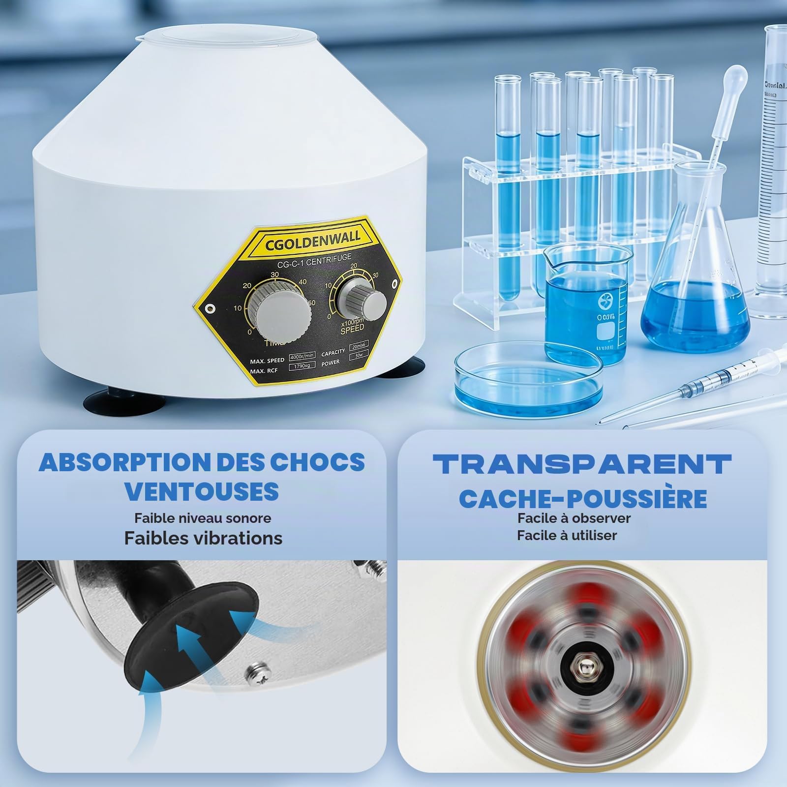 CGOLDENWALL Centrifugeuse de Laboratoire avec Tubes de 6*20ml, Max.Vitesse 4000 tr/min, Minuterie de 0-60mins, Max.RCF de 1790xg, pour La Séparation des Échantillons, Tubes de 5/7/10/15ml Disponibles